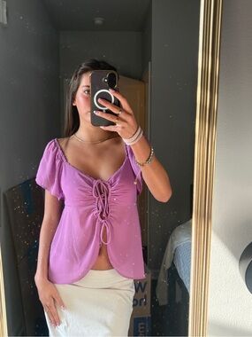 wild fable Purple Tie-Front Puff Sleeve Blouse